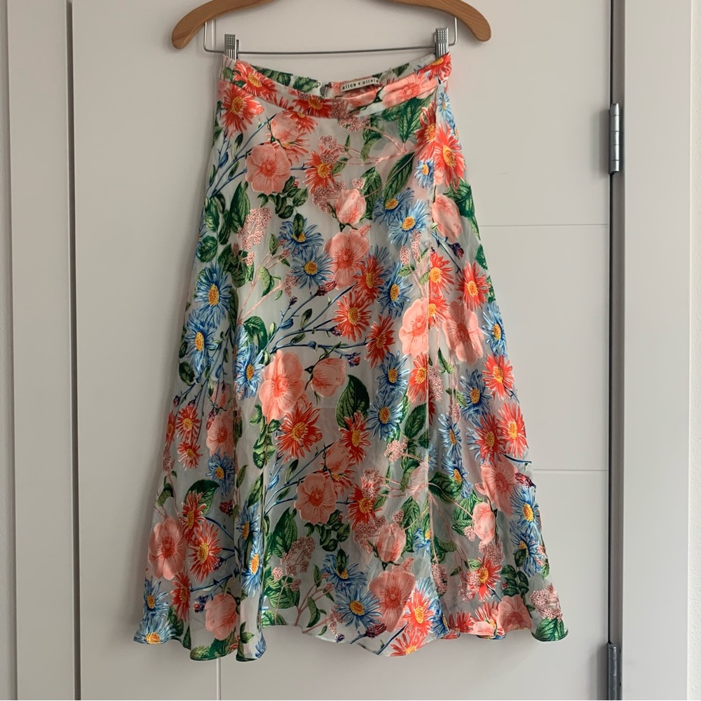 Alice + Olivia Nanette Floral Burnout Midi Skirt in Floral Fields